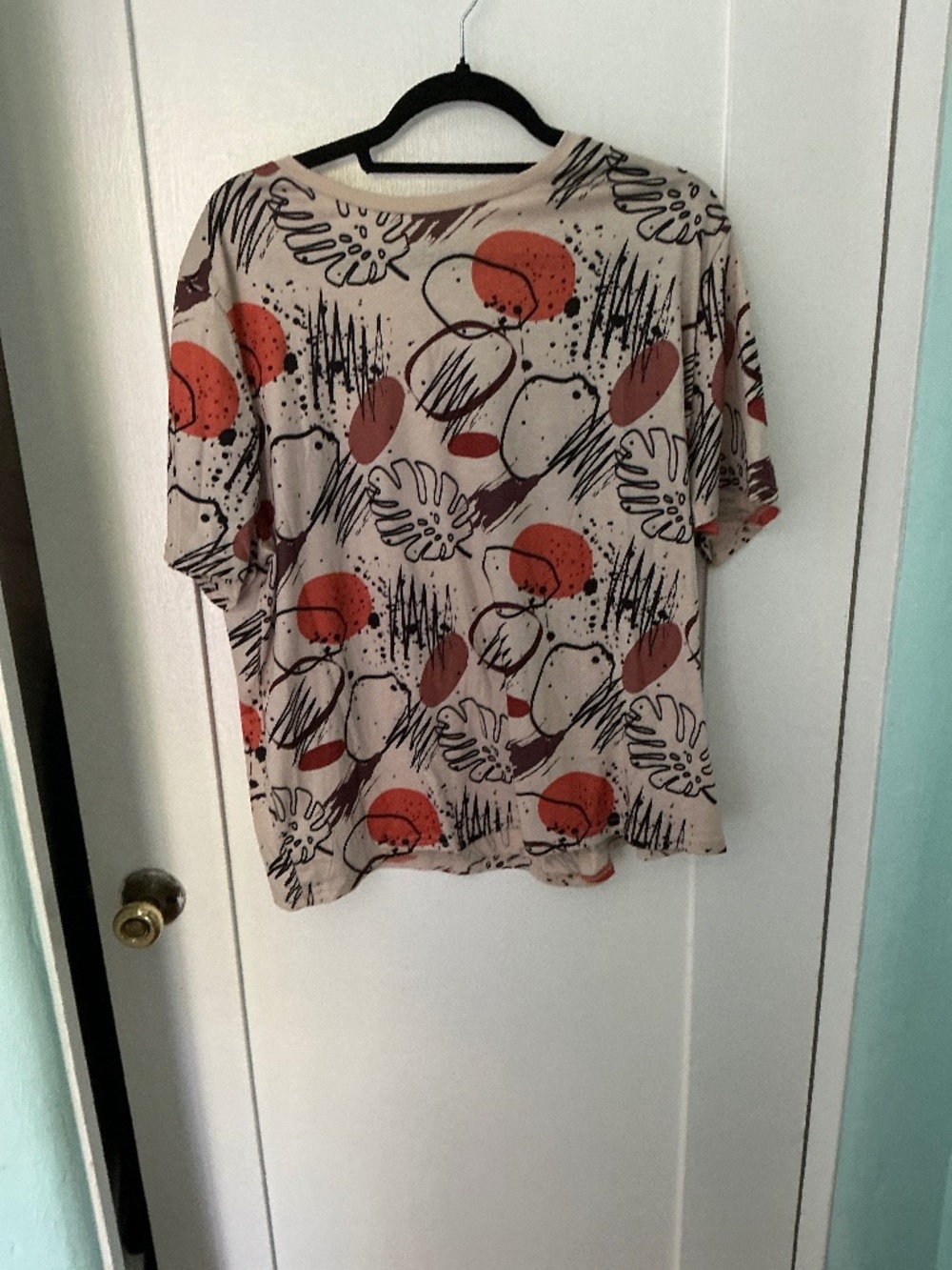 Women’s Abstract Print Graphic Tee Beige Pink Artsy Casual Top, Size 2XL